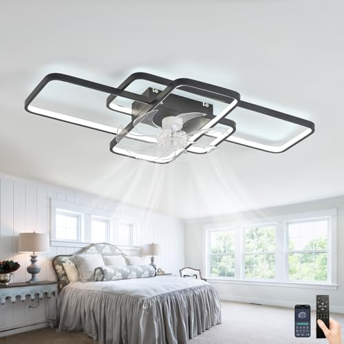 Rectángulo Ventilador De Techo Con Luz Reversible 6 Velocidades Dormitorio Lampara Ventilador Techo Regulable Timer Sala De Estar Lampara Techo Ventilador LED Creativo Para El Comedor-Black||85cm
