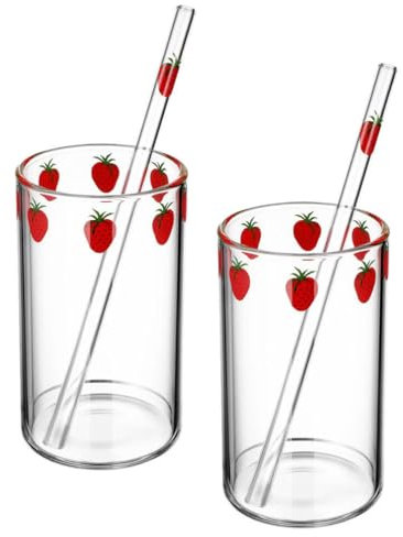 MAGICLULU Vasos Transparentes para Beber Vasos De Vidrio con Pajitas Vasos De Agua con Patrón De Fresa para Beber Jugo Leche Y Café 2 Uds.