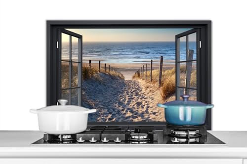 KitchenYeah© Fond de Hotte 90x60 cm Aluminium Crédence Cuisine Décoration Murale Crédence Plaque de Cuisson Anti Projection Fenêtre - Plage - Mer - Été - Nature