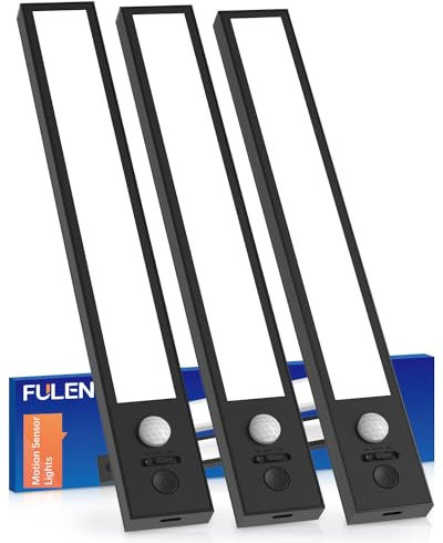 FULEN LED Schrankbeleuchtung mit Bewegungsmelder für den Innenbereich, LED Leiste Batterie USB Wiederaufladbar, Kabelloses Nachtlicht für Unterbauleuchten Küche, Schranklicht, Schwarz,3 Stück