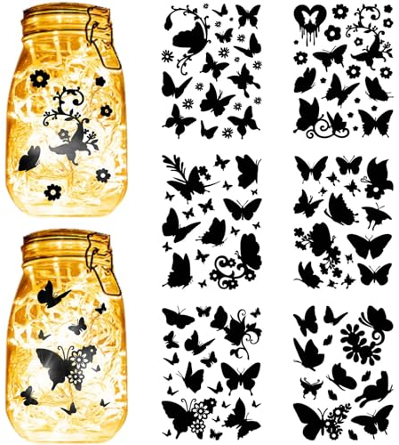 CREATCABIN 12 Blatt 6 Stile Schmetterling Einmachglas-Aufkleber Blumen Aufkleber Stanzschnitte Silhouetten Selbstklebendes PVC Wasserdicht Für Bastelarbeiten Scrapbook Laternengläser Schwarz 20x15cm