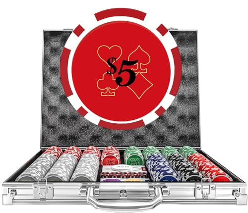Poker-Chips mit Nennwerten, 11,5 g, gewichtet, nummeriert, 5 Würfel, 2 Decks mit kompaktem Aluminiumkoffer für Texas Hold'em, Blackjack, ab 8 Jahren, 500 Stück