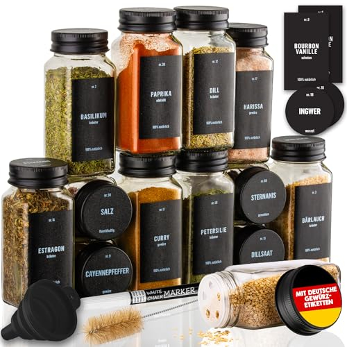 Deco haus® Gewürzgläser eckig mit Schraubkappe 12er Set [+Etiketten & Streueinsatz] - Gewürzdosen Set Glas - Gewürzbehälter Spice Jars - Gewürze Aufbewahrung - Behälter für Gewürze Gewürzaufbewahrung