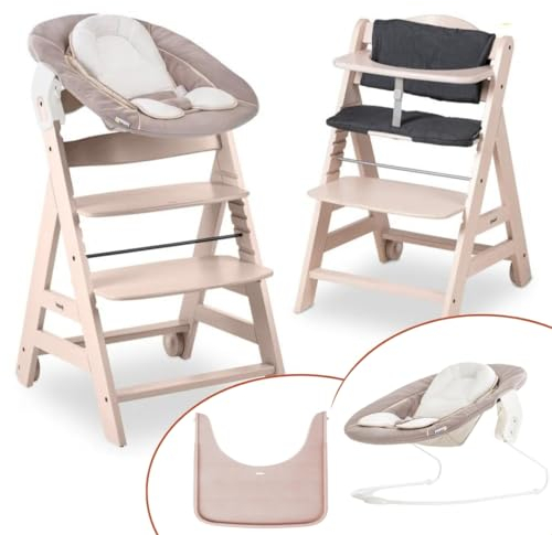 hauck Hochstuhl Beta+ Newborn Set - Babyhochstuhl Set ab Geburt mit 2in1 Neugeborenen Aufsatz Bouncer, Sitzpolster und Essbrett - Whitewashed