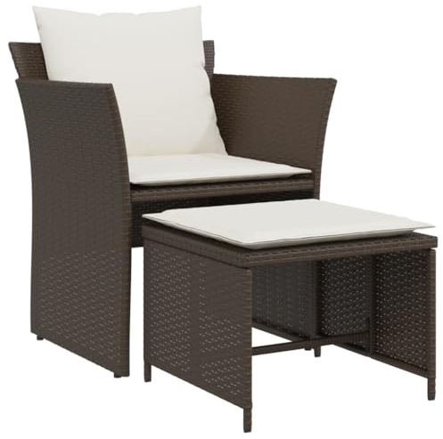 vidaXL Gartenstuhl mit Fußhocker, Gartensessel mit Kissen Stahlrahmen, Stuhl Sessel für Garten Terrasse, Gartenmöbel, Braun Poly Rattan