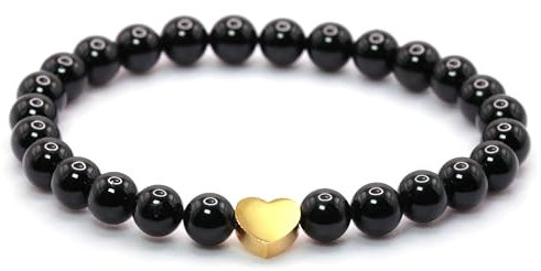 Echtes Schwarzer Turmalin Edelstein Armband mit 6mm Perlen und Edelstahlherz - verschiedene Längen - Heilstein Schutzstein Talisman Glücksbringer Geschenk (Schw. Turm., 14CM)