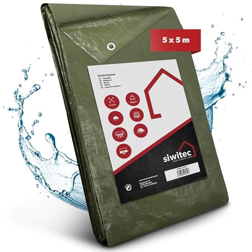 siwitec Bâche 140 g/m² - 5 x 5 m - En tissu avec œillets et coins renforcés - Bâche de protection imperméable - Différentes tailles - Pour meubles de jardin, bois et bateaux