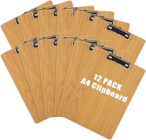 LOPYXBR 12 Stück Klemmbrett A4, Schreibbrett Klemmbretter a4 Holz Schreibplatte mit Metallclip und verdecktem Aufhängeloch, Clipboard A4 Holz Zwischenablage für Büro, Schule