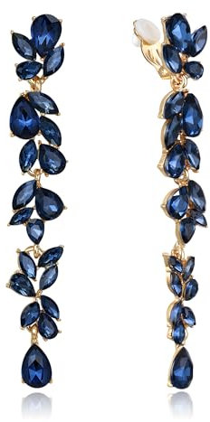 EVER FAITH Strass Kristall Ohrclips Kronleuchter Clip-on Ohrringe für Damen Braut, Art Deco Marquise Teardrop Braut lange baumeln Tropfen für Prom Blau Gold-Tone