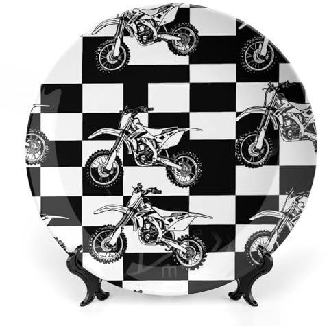 Black And White Plaid Dirt Bikes Bone China Plate with Stand Round Decorative Plate Vintage Home Wobble Plate 8inch