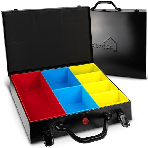 siwitec Stahlblechkoffer mit 7 tlg. Sortimentskasten, 32,7 x 22,2 x 6,8 cm, Sortierbox aus Stahl, Werkzeug Organiser, Sortierkasten Werkzeugkoffer leer, Kleinteilekoffer mit Einsätzen
