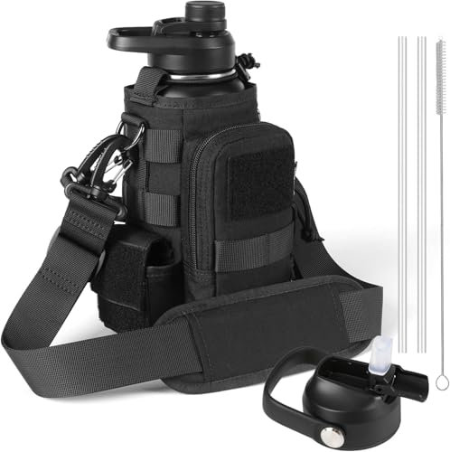 Botella de agua táctica de acero inoxidable termo para exteriores, 32 oz, botella de agua militar para exteriores, senderismo, camping, caza (BLACK)