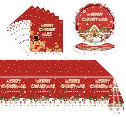 37Pcs Gingerbread Christmas Dinner Table Decorations,Christmas Party Tableware Set,Tablecloth,Paper Plates and Napkins Christmas, Merry Christmas Tableware Set for Christmas Party Supplies Decoration