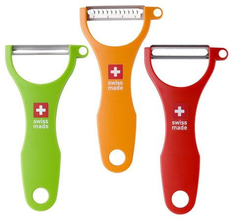 Swiss Peeler Vegetable & Potato Peelers for Kitchen, Swiss Made Ergonomic Kitchen Peelers for Effortless Prep - Pack of 3 (Green + Orange + Red)