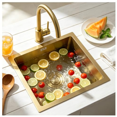 DSMRLEOP Gold Stainless Steel Top Mounted Single Bowl Sink With Golden Faucet - Square Handmade Bar/Prep With Nano Coating, 38x38cm, Easy-Clean Drain Kit (Gold#01)