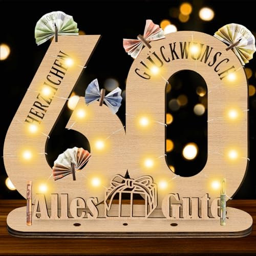 Herbst 60 Geburtstag Frau Geschenk, 60 Geburtstag Deko Geschenke Originelle Geschenk Holz-Schild mit LED Gästebuch, Mann Deko Geldgeschenke für Jubiläum, Personalisierbares Geschenk