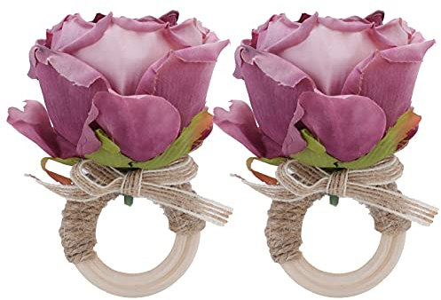2 Stück hölzerne Blumen-Serviettenringe, künstliche Blumenblumen-Serviettenschnalle, Rosen-Serviettenringe, Blumen-Serviettenhalter, Herbst-Serviettenringe, Stroh-Serviettenringe (Lila)