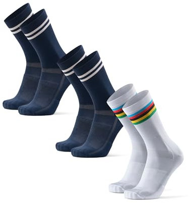 DANISH ENDURANCE Fahrrad Socken, Rennrad Socken, Gepolstert, Unisex, für Herren & Damen, 3 oder 5 Paar, Mehrfarbig (2xmarineblau/Streifen, 1xweiß/Streifen), 43-47