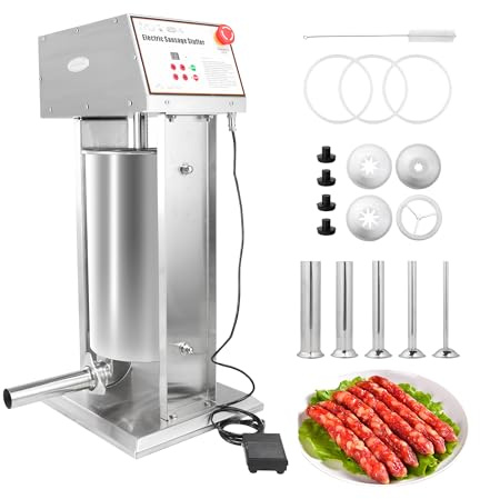 Hakka Electric Sausage Stuffer,12L/25LB Stainless Steel Vertical Sausage Maker,Commercial Electric Sausage Filler with 5 Tubes and 4 Churros,Various Speed Control
