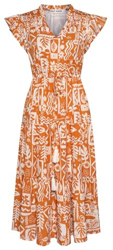 GRACE KARIN Women's Summer Floral Tiered Midi Dress Ruffle Short Sleeve V Neck A Line Long Maxi Wedding Flowy Dress with Pockets Orange Floral M
