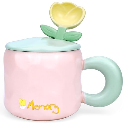 Disoza Taza de café de té rosa, 450 ml, taza de tulipán, juego de tazas de café con platillo, regalos dulces para mujeres, para cumpleaños, taza de cerámica, regalo de cumpleaños para niñas y mamá