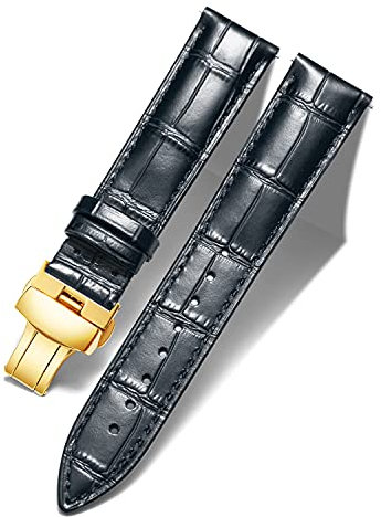 BINLUN Leder Uhrenarmband Lederarmband Ersatz Uhrenarmbänder für Herren Damen mit Silber/Gold/Roségold Schmetterling Faltschließe 12-24mm(15mm Schwarz-Gold Schnalle)