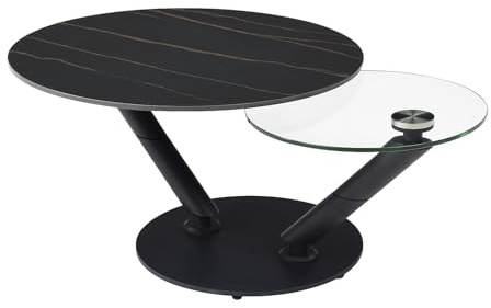 Vente-unique - Table Basse avec Plateaux pivotants en céramique, Verre trempé et métal - Effet marbre Noir - ELDOVA
