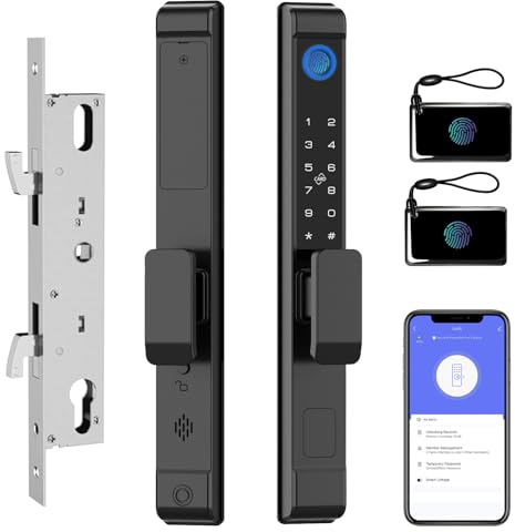 Slim Sliding Patio Door Lock with Keypad eLinkSmart Waterproof Keyless Mortise Smart Lock with Hook for Door Thickness 22~110mm, Aluminum Fingerprint Lock for Glass Door 2885 Latch Tuya App
