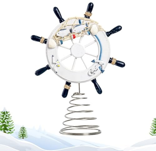 Fizepgo Christmas Tree Topper | Nautical Ship Steering Wheel Home Decor | Beach Wall Decor With Fishing Net - Aesthetic Decoration For Office Patio Living-Room Outdoor Kitchen Nursery