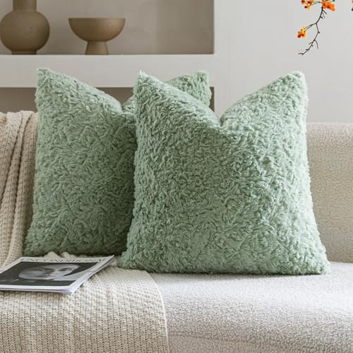 Neelvin 2er Set Kissenbezug Kunstpelz Pelz Plüsch Dekorative Kissenbezüge Sofakissen Kuschelig weich Couchkissen Dekokissen für Couch Sofa Wohnzimmer Schlafzimmer Grün 45 x45 cm