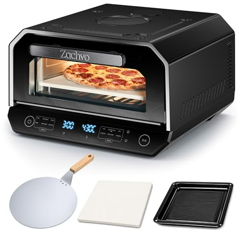 ZACHVO Pizzaofen Elektrisch 450°C – Neapolitanische Pizza in 90 Sek, Sichtfenster & Innenbeleuchtung, 6 Programme & & 6 Kochmodi, Profi-Koch-Modus, Pizzaschaufel & Pizzastein & Backblech
