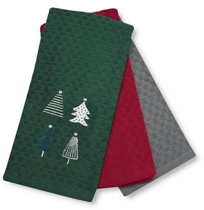 Velosso 3 Pack Christmas Tea Towel Set - Festive Tree Design, Soft Absorbent Cotton Kitchen Towels, Elegant Green Pattern, Durable & Machine Washable, Perfect for Holiday (Green)