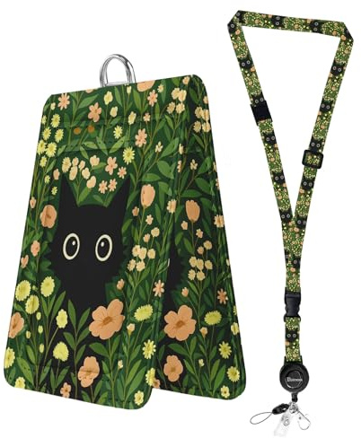 Bolimoss Porte-badge transparent double face avec enrouleur rétractable, motif chat noir, porte-carte réglable, avec fermoir pivotant en métal, pour infirmière, enseignant et personnel