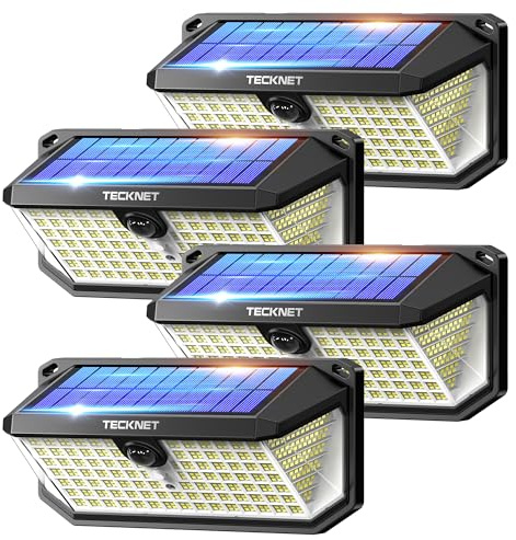 TECKNET Solarlampen für Außen mit Bewegungsmelder, 546 LEDs Lampe, 4 Stück | 300° breiter Beleuchtungswinkel, 3 einstellbare Lichtmodi, IP66 wasserdicht für Garten, Garage und Haustür