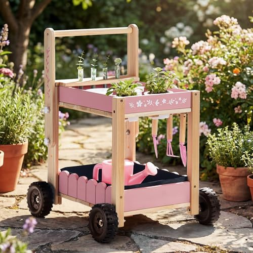 ROBOTIME Holz Gartenwagen für Kinder, Outdoor Garten-Trolley mit 4 Pflanzbechern & 4 Hydroponik-Reagenzgläsern, Gießkanne, 3 Gartengeräten, Pflanzenetiketten & Pflanzprotokollkarten, ab 3 Jahren(Rosa)