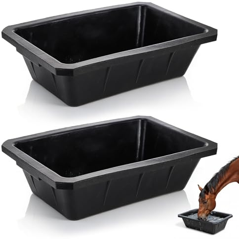 Cididu 2 Pack Rubber Feeder Pan, 10 Quart Large Horse Trough Feeder Bucket, Heavy Duty 2.5 Gallon Chicken Dust Bath Tub Water Bowl for Pig Goat Dog Cat Farm Livestock Animal Feeding, Rectangular