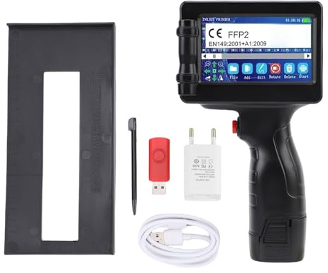 ViaGasaFamido Handheld-Tintenstrahldrucker, Tragbarer Mini-Drucker mit HD-LED, 4,3-Zoll-Touchscreen für QR-Code, Barcode, Datum, Text, Nummer, Bilddruck auf Holz, Acryl, Stoff, Papier, (EU-Stecker