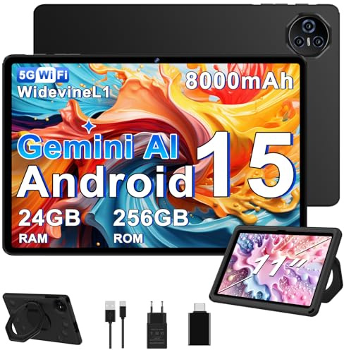 BIEGEDY Tablet 11 Pulgadas Android 15, 24GB RAM+256GB ROM（1TB TF）, Widevine L1, 8000mAh Octa-Core 2.0GHz /Tablet Pantalla Táctil/ 5MP+13MP / 5G WiFi/Facial ID/GMS/BT 5.0, Tableta con EVA Negro
