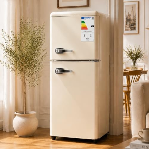 KOMHTOM Réfrigérateur à 2 Porte, Petit Frigo, Réglage de La Température à 7 Niveaux, Classe E, éclairage LED, étagères Réglables, pour Cuisine et Salon (Blanc, 112L)