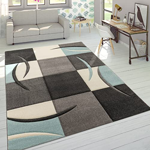 Paco Home Designer Teppich Modern Konturenschnitt Pastellfarben Karo Muster Beige Türkis, Grösse:120x170 cm