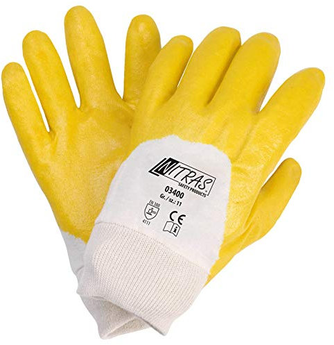Nitras 03400 Nitrilhandschuhe mit Strickbund gelb - teilbeschichtet auf Baumwoll-Trikot Handschuh - VPE 144 Paar, Größe:10 (XL)