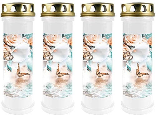HS Candle Grabkerze - 4er Pack - (Weiß) Grablicht ca. 4 Tage Brenndauer je Kerze - Motiv: Schmetterling
