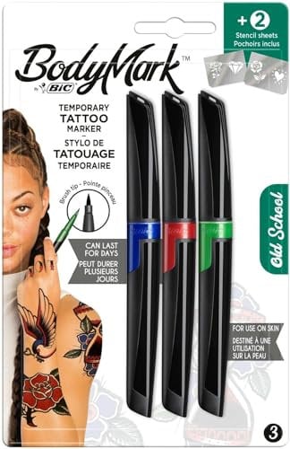 BodyMark by BIC, temporäre Tattoos in 3 Farben 'Old School', geruchsarme und schnell trocknende Tattoo Stifte für die Haut mit 2 Schablonen