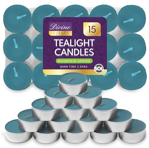 SOL 15 Tealight a Forma di Montagna Primaverile - Candele Blu Profumate per Casa, 3,5 Ore di Combustione - Aromatiche a Lunga Durata per Relax, Decorazioni e Occasioni Speciali