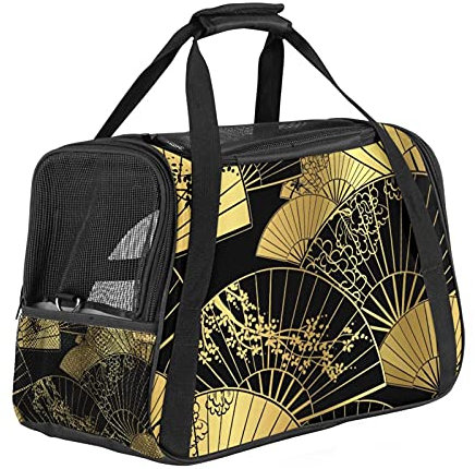 Pet Carrier Gold Fan Flower Unbrella Chinese Pattern Soft-Sided Pet Travel Carriers for Cats,Dogs Puppy Comfort Portable Foldable Pet Bag Airline Approved