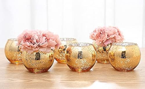 Lynnsdecor Set di 6 vasi rotondi in oro rosa vaso in argento vaso oro rosa vaso da tavolo vaso da festa vaso da sposa centrotavola (oro, medio)