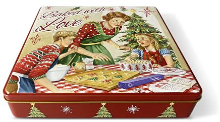 MediMuc Baked with Love rot - Keksdose, Blechdose mit Aufschrift Baked with Love im Retro-Look mit vielen Details - lebensmittelecht - Vol. 1,9l - Maße: (L x B x H): 23,0 x 21,5 x 4,2cm