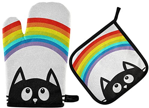 Niedliche schwarze Katzen-Ofenhandschuhe und Topflappen-Sets, LGBT, große Regenbogen-Heißpads, hitzebeständige Kochhandschuhe, Küche, Kochgeschirr, Backgeschirr, Grillen