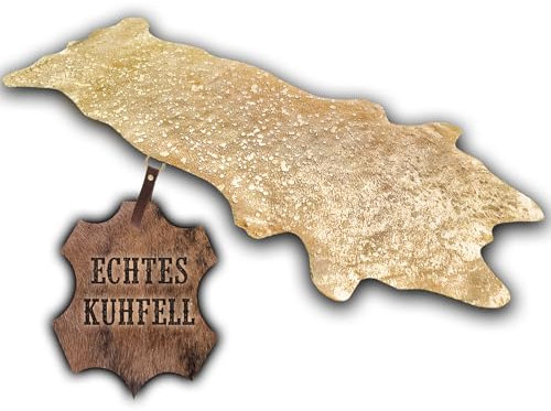 unendlich schoen - Echter Kuhfell Teppich klein, Made in Germany, geruchsneutral, Rinderfell ideal für Wohnzimmer Esszimmer Flur (Gold metallic, 160 x 70 cm)