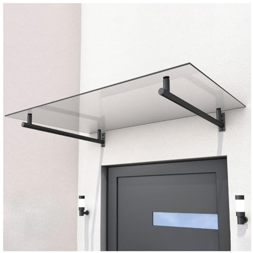 HORI Vordach für Haustür - Eingangstür Überdachung UV-Schutz - Sicherheitsglas Edelstahl Träger Silber - Pultvordach Eingangsbereich - Sonnenschutz wetterfest pflegeleicht - Grau 140 x 80 cm